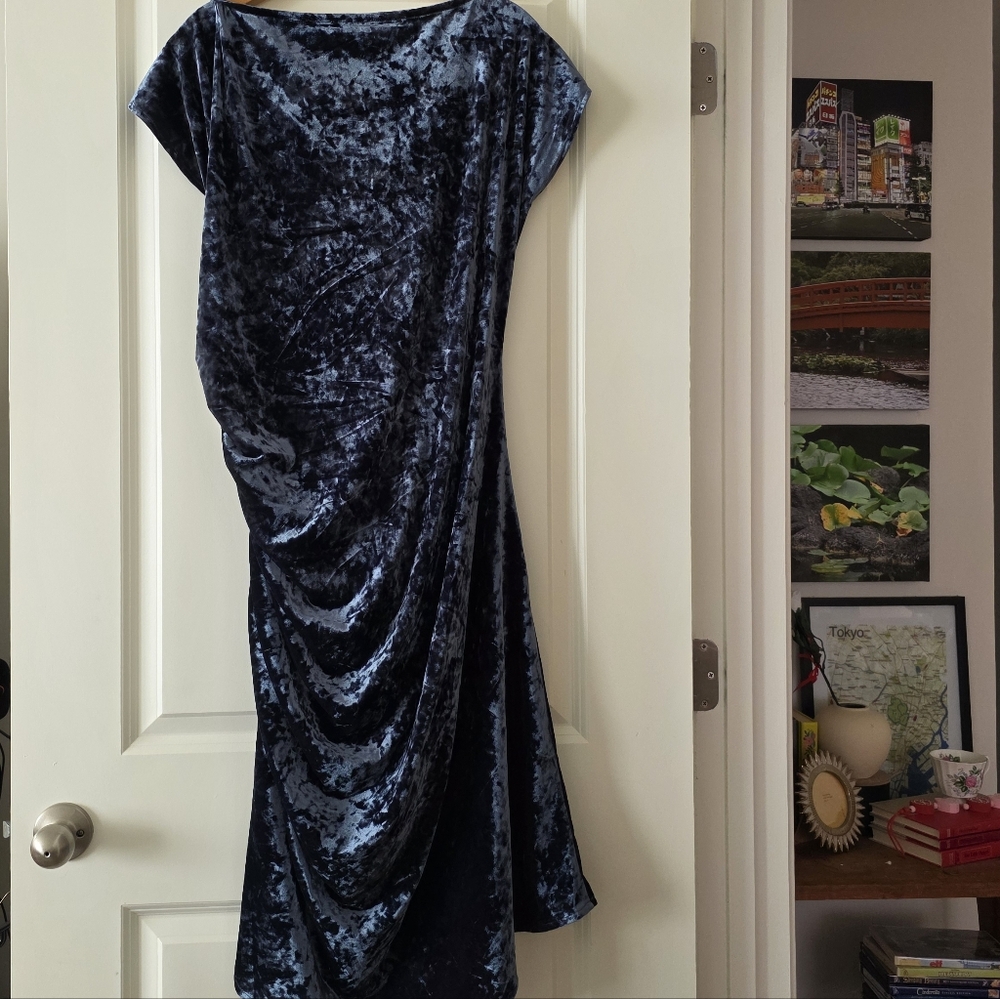 DKNY Velvet Ruched Cowl Neck Cap Sleeve Midi Dress Blue NWT Womens 16 City Chic